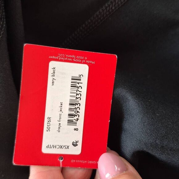 SPANX Faux Leather Convertible Black Coat Drape Front Jacket Size XS - Picture 8 of 9